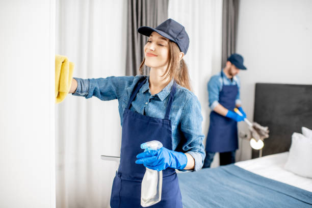 Professional cleaner wiping a toilet